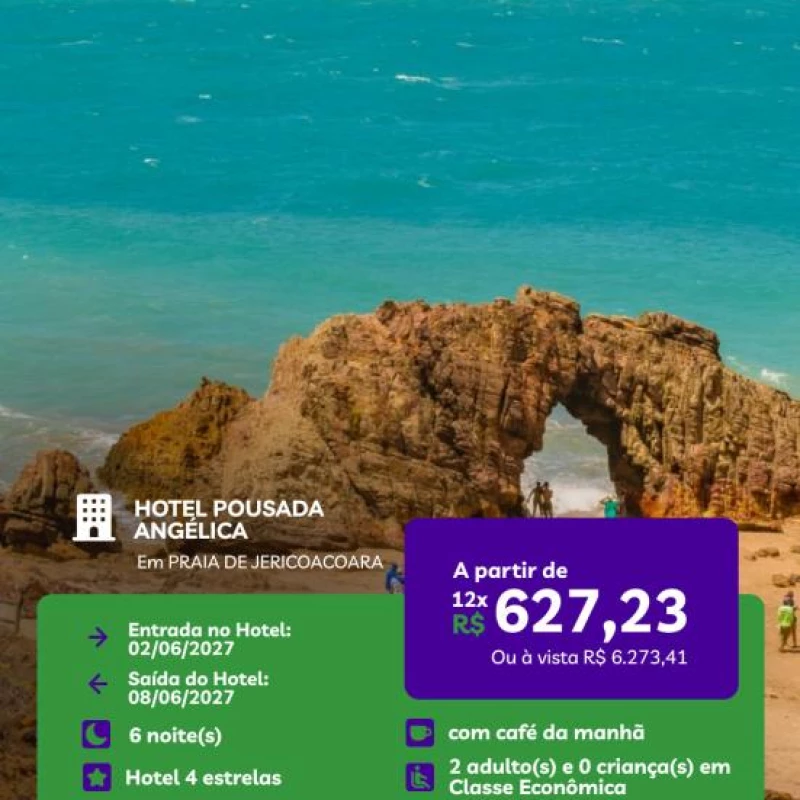 PACOTE DE VIAGENS JERICOACOARA Aéreo + Hotel 2 Pessoas  Café da manhã 2 